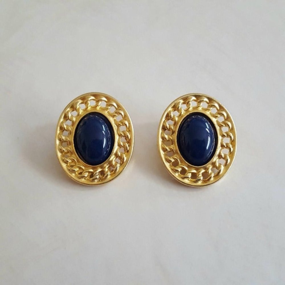 Vintage Gold Tone Navy Button Clip Ons
